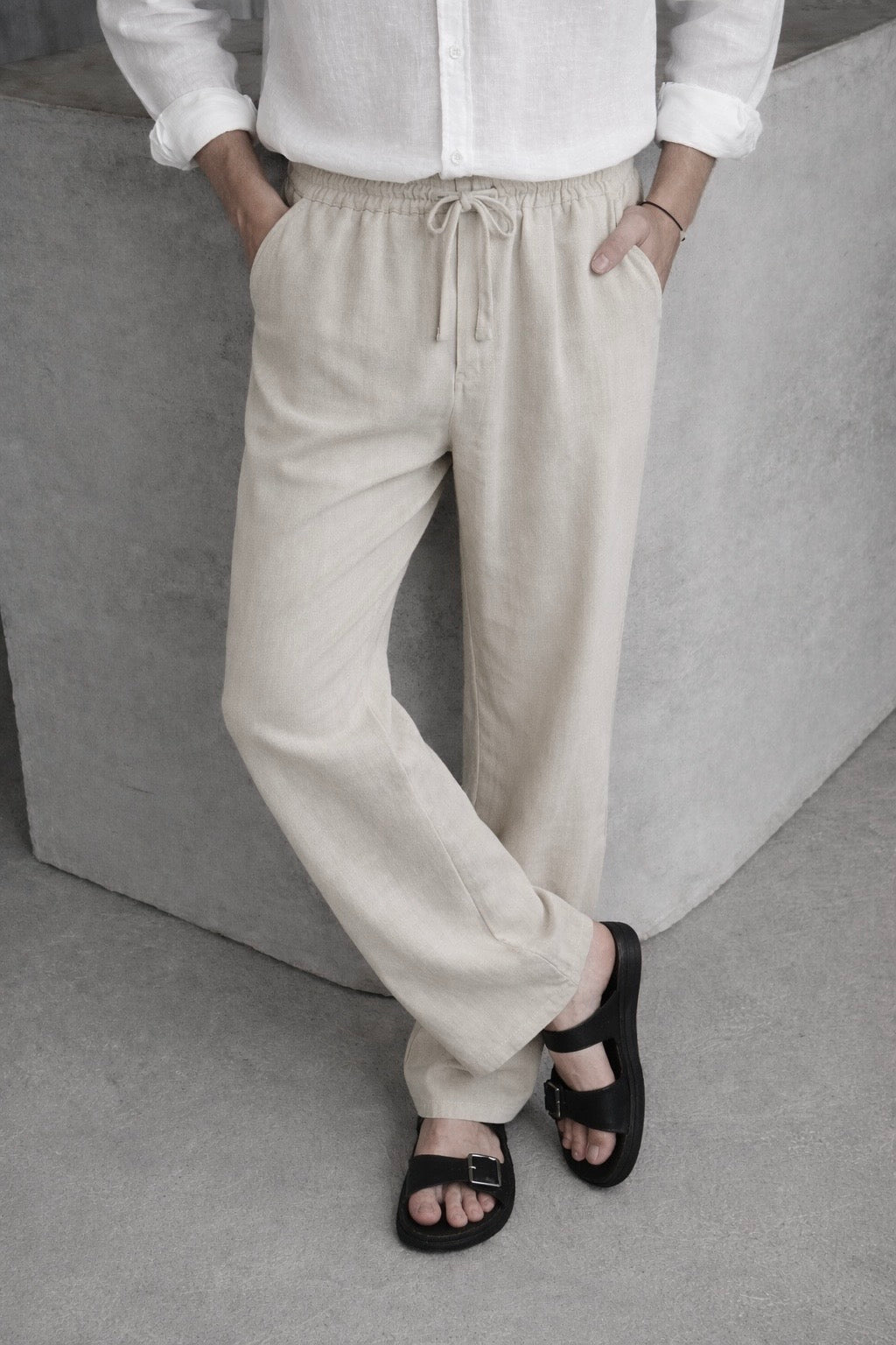 OFF WHITE BELT LINEN TROUSERS