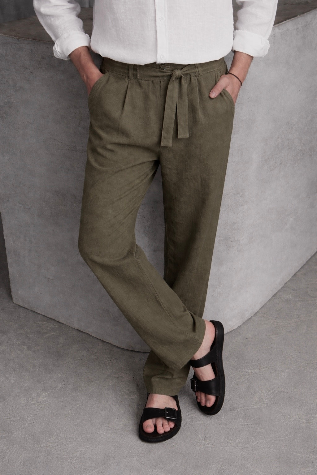 MILITARY GREEN BELT LINEN TROUSERS